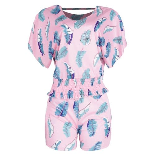 Leaf Print Top & Short- Pink