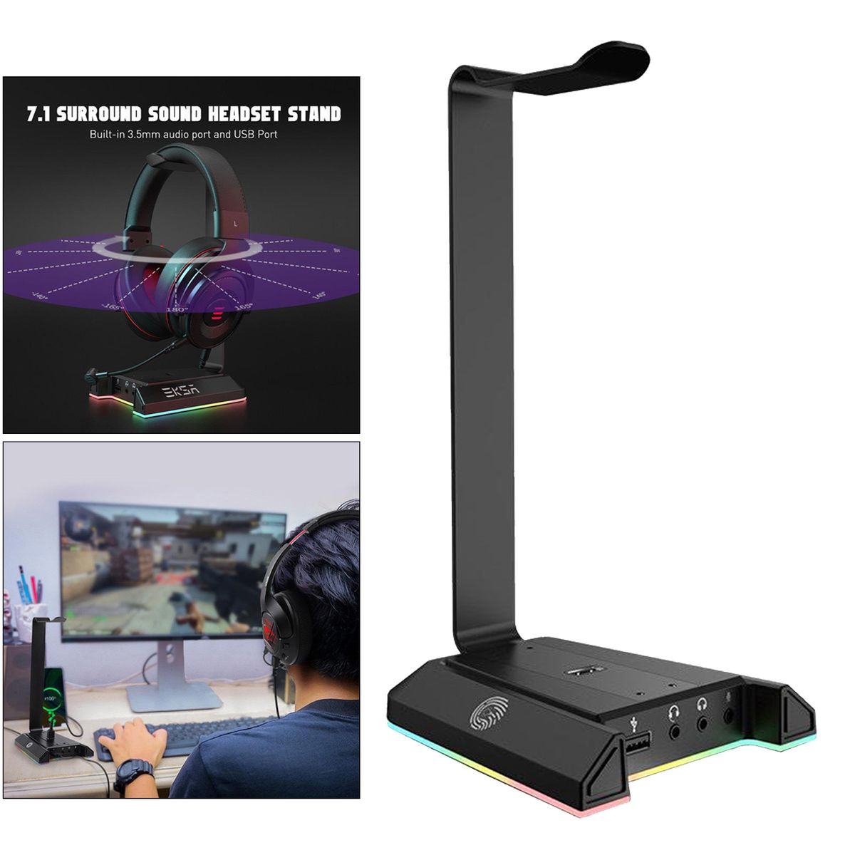 Desk Gaming Headset Stand Holder Hook Aluminum RGB 7.1 Sound 3.5mm AUX