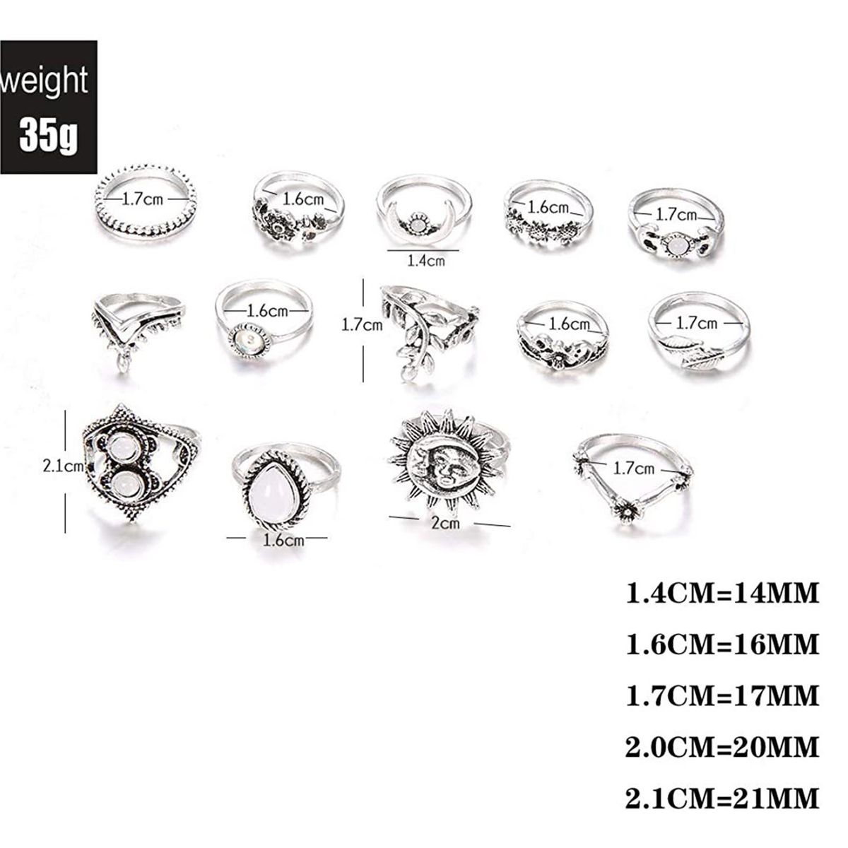 62Pcs Silver Alloy Retro Ethnic Rings Set Diamond Embedded Carved Pattern DIY Self-combination Joint Finger Rings