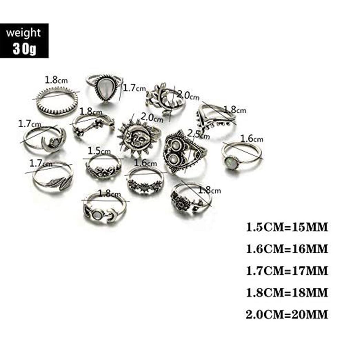 62Pcs Silver Alloy Retro Ethnic Rings Set Diamond Embedded Carved Pattern DIY Self-combination Joint Finger Rings
