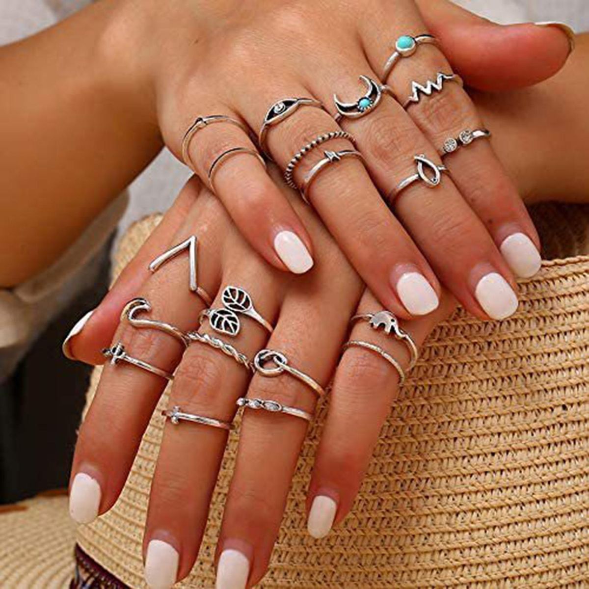 62Pcs Silver Alloy Retro Ethnic Rings Set Diamond Embedded Carved Pattern DIY Self-combination Joint Finger Rings