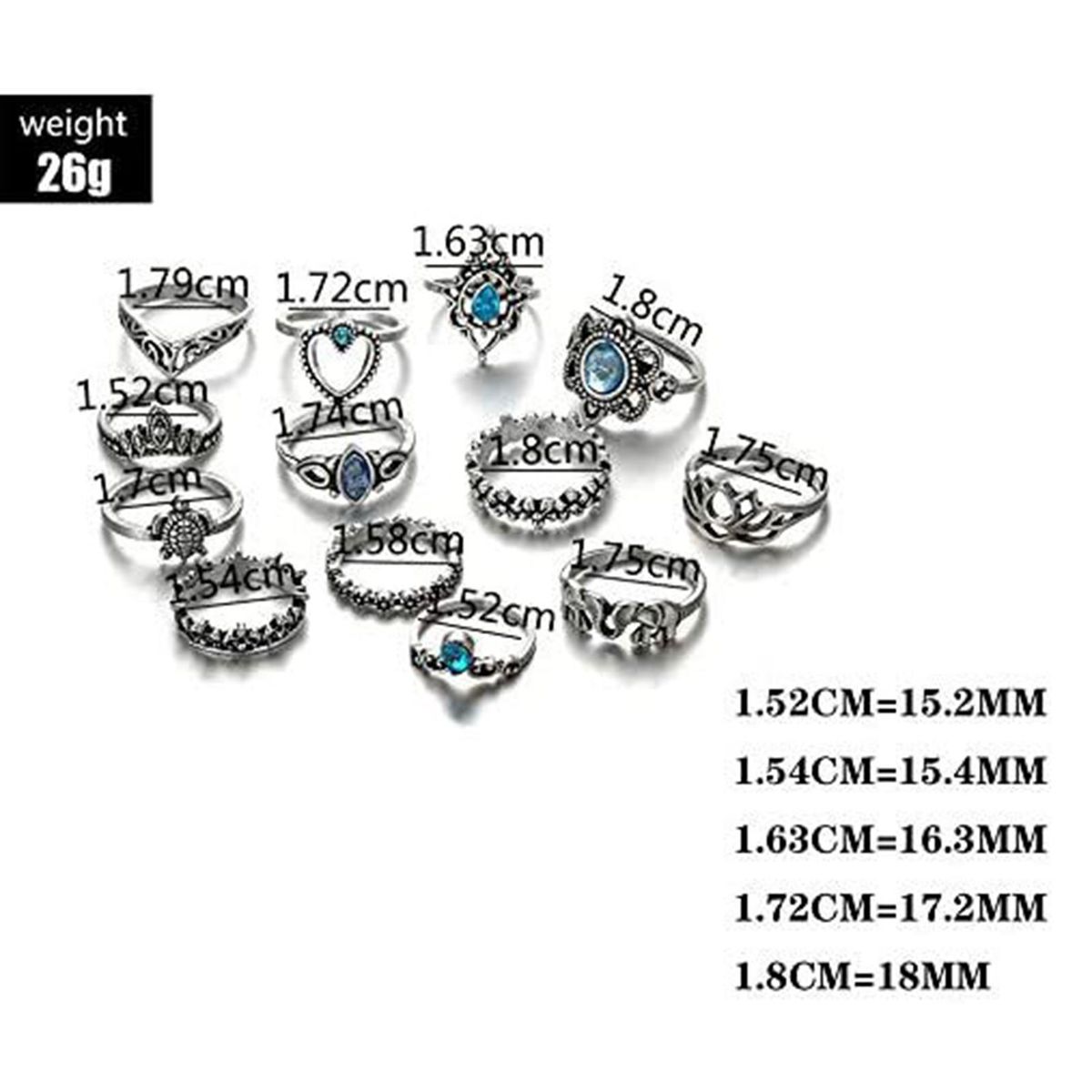 62Pcs Silver Alloy Retro Ethnic Rings Set Diamond Embedded Carved Pattern DIY Self-combination Joint Finger Rings