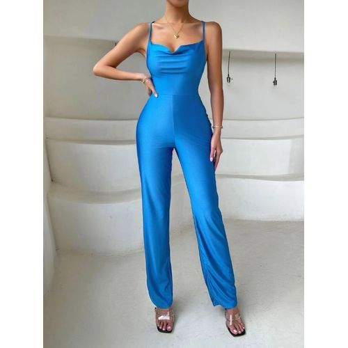 Women Crisscross Tie Backless Club Party Cami Jumpsuit Without Belt - Blue