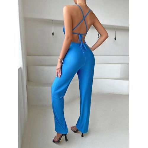 Women Crisscross Tie Backless Club Party Cami Jumpsuit Without Belt - Blue