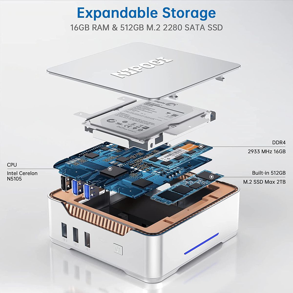 Mini PC Intel Celeron N5105 16GB RAM 512GB M.2 SSD Windows 11 Mini Computer
