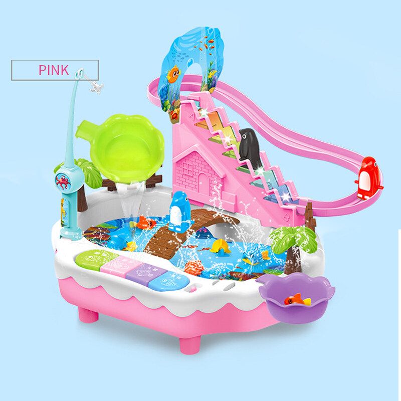 Kids Toys Electric Water Cycle Electric Magnetic Toy Penguin Climb Stairs Track Music Piano Light Electric Pink