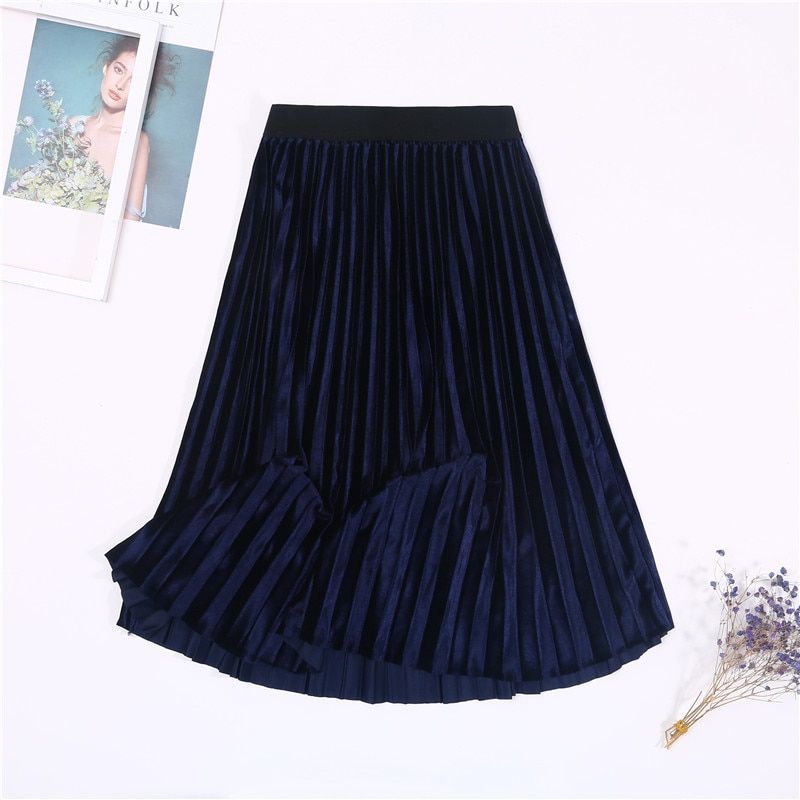 Autumn Winter Long Skirt Women Streetwear High Waisted Skinny Velvet Skirt Female Ladies Pleated Skirts Elegant Maxi Women Skirt Navy Blue