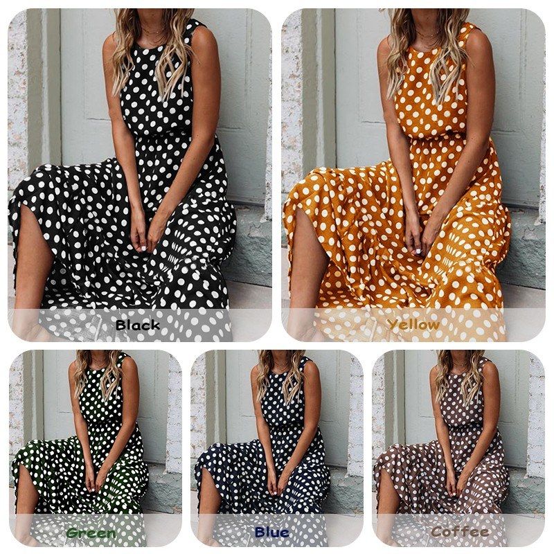 Women Polka Dots Dress Sleeveless Sundress O-neck Waisted Flowy Summer Beach Dress-blue