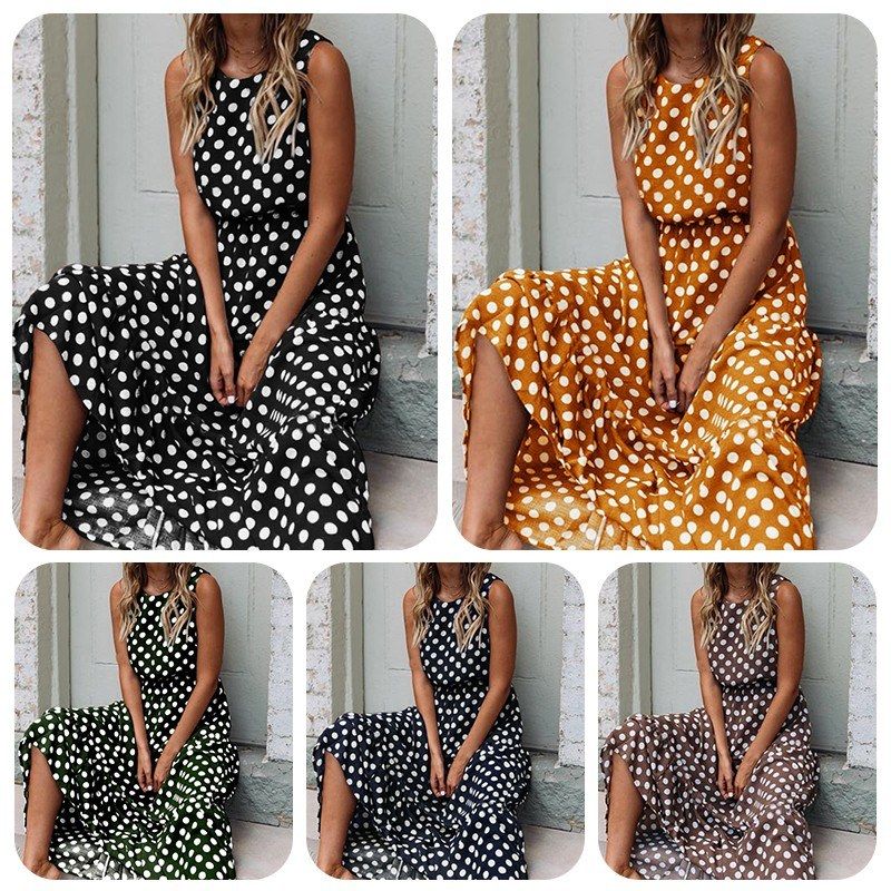 Women Polka Dots Dress Sleeveless Sundress O-neck Waisted Flowy Summer Beach Dress-blue