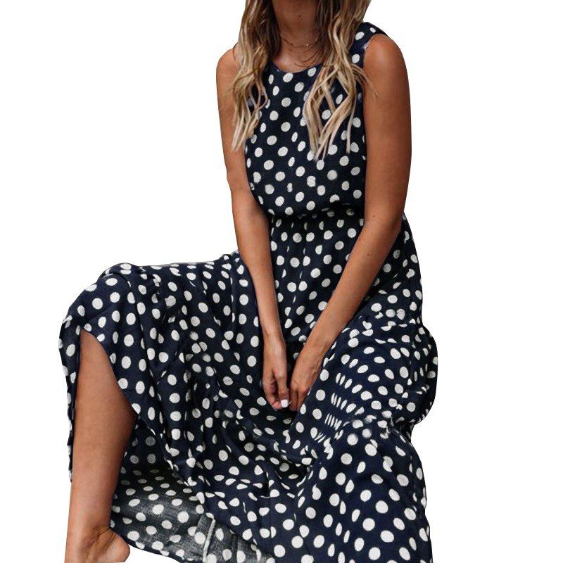 Women Polka Dots Dress Sleeveless Sundress O-neck Waisted Flowy Summer Beach Dress-blue