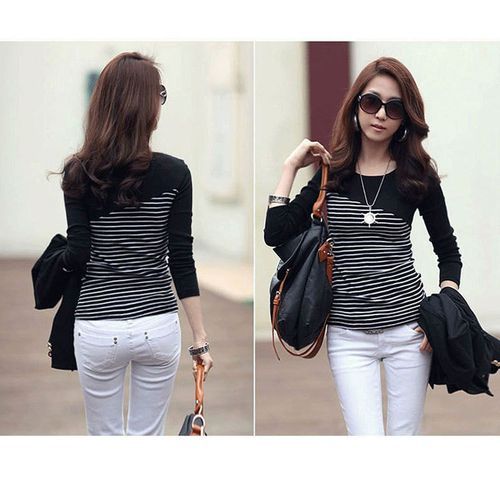 Black And White Striped Ladies Casual Stretchy Top Long Sleeve