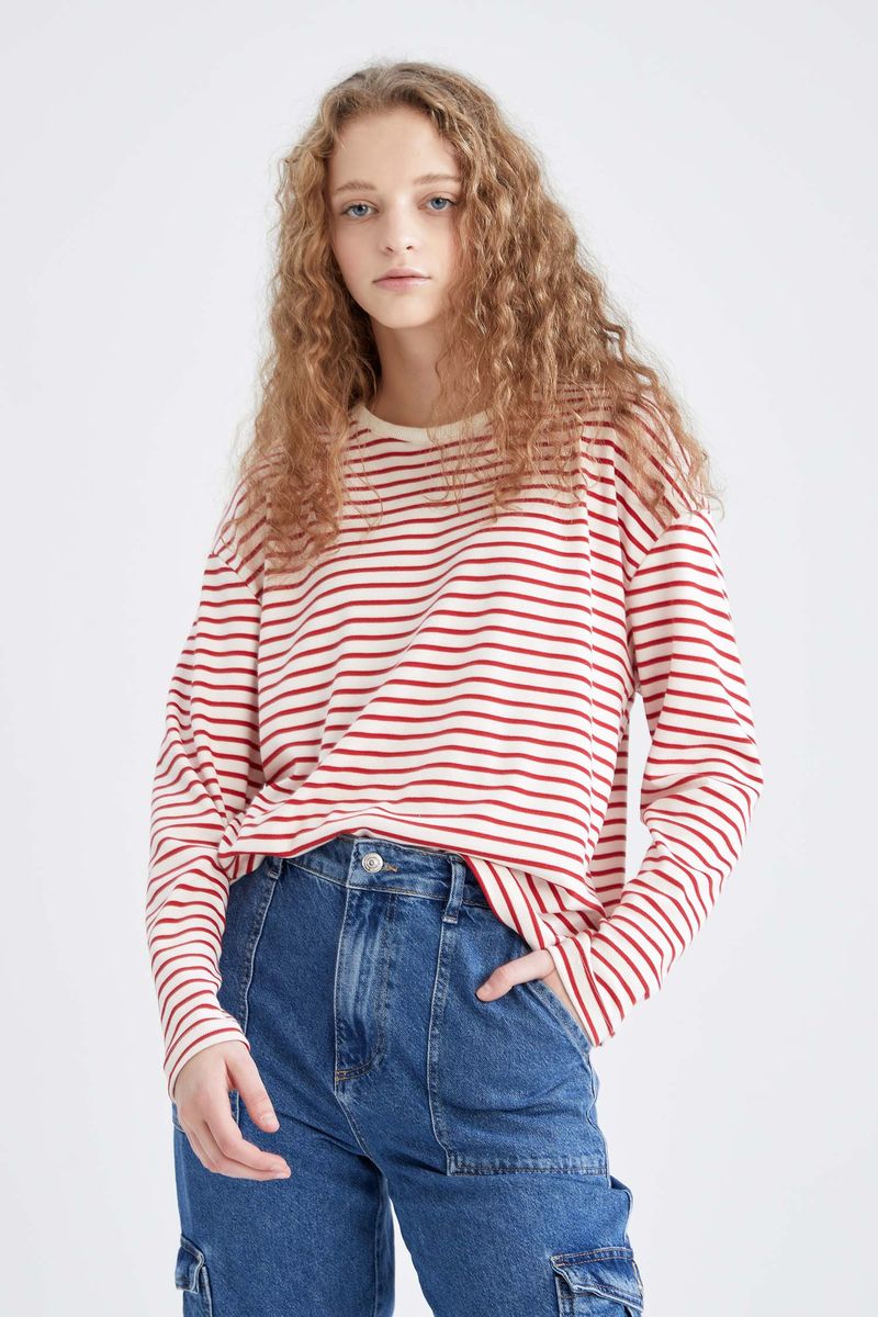 Woman Young Regular Fit Crew Neck Knitted Long Sleeve T-Shirt - Red