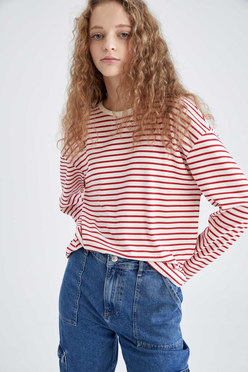 Woman Young Regular Fit Crew Neck Knitted Long Sleeve T-Shirt - Red