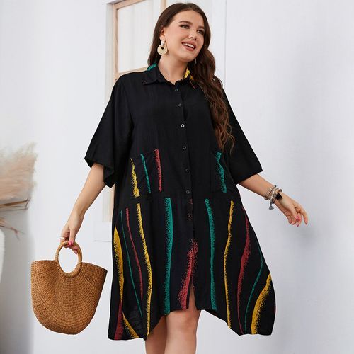 Casual Lapel Printing Loose Female Plus Size Dresses