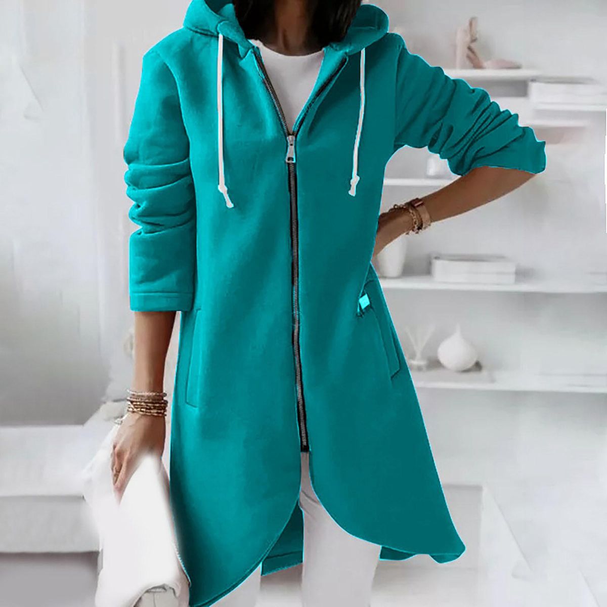 Women's Solid Color Hoodie Zipper Long Sleeve Sweatshirts Irregular He