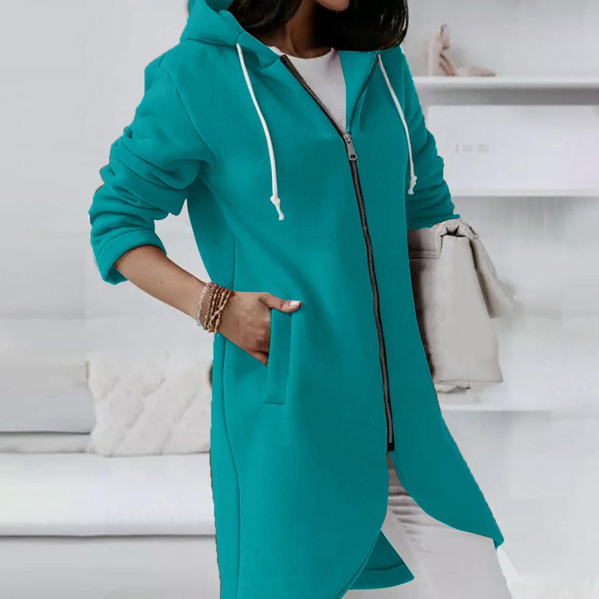 Women's Solid Color Hoodie Zipper Long Sleeve Sweatshirts Irregular He