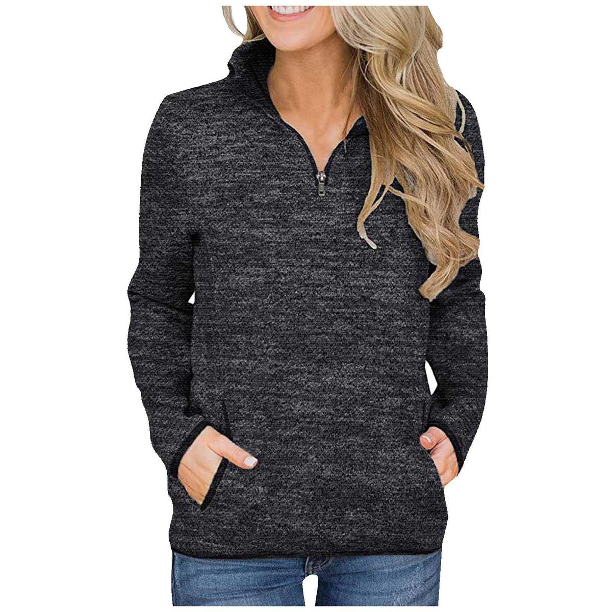 Women Quarter Zipper Stand Collar Long Sleeve Sweatshirt With Pockets