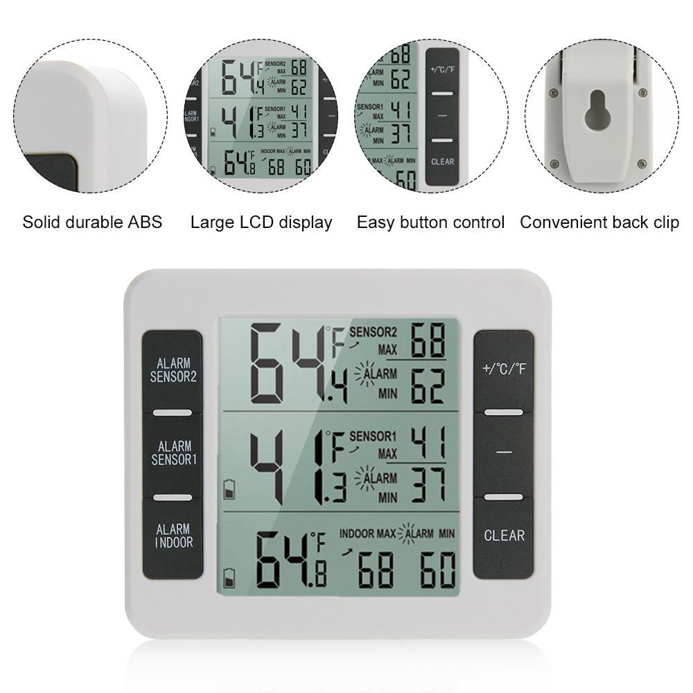Indoor Outdoor Temperature Meter with Wireless Sensor Digital Temperature Monitor Meter Max & Min Record Large LCD Display for Home Bedroom Office (2 Sensor)