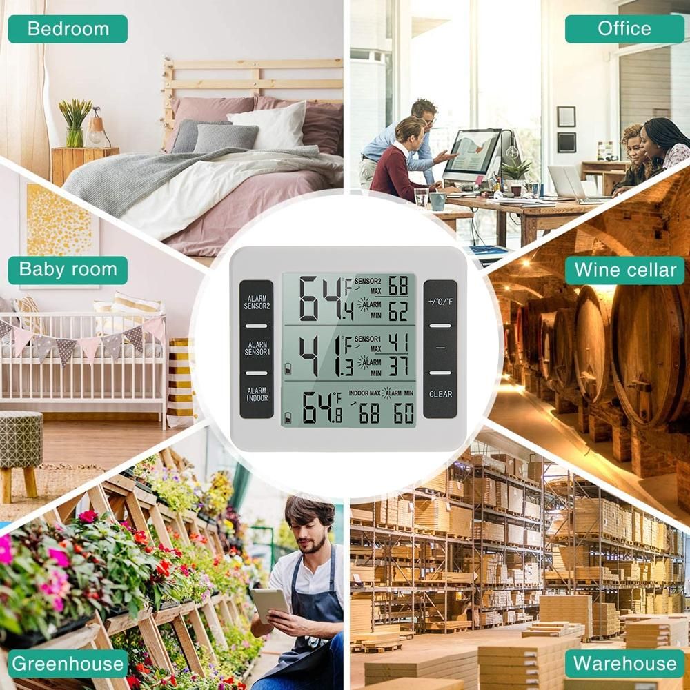 Indoor Outdoor Temperature Meter with Wireless Sensor Digital Temperature Monitor Meter Max & Min Record Large LCD Display for Home Bedroom Office (2 Sensor)
