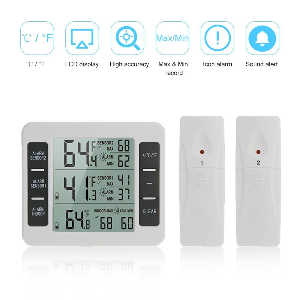 Indoor Outdoor Temperature Meter with Wireless Sensor Digital Temperature Monitor Meter Max & Min Record Large LCD Display for Home Bedroom Office (2 Sensor)