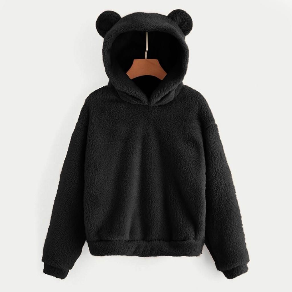Women's Long Sleeve Fleece Sweatshirt Warm Bear Shape Fuzzy Hoodie Pul
