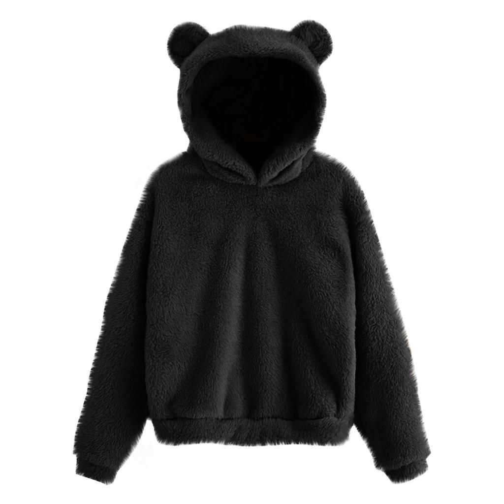 Women's Long Sleeve Fleece Sweatshirt Warm Bear Shape Fuzzy Hoodie Pul