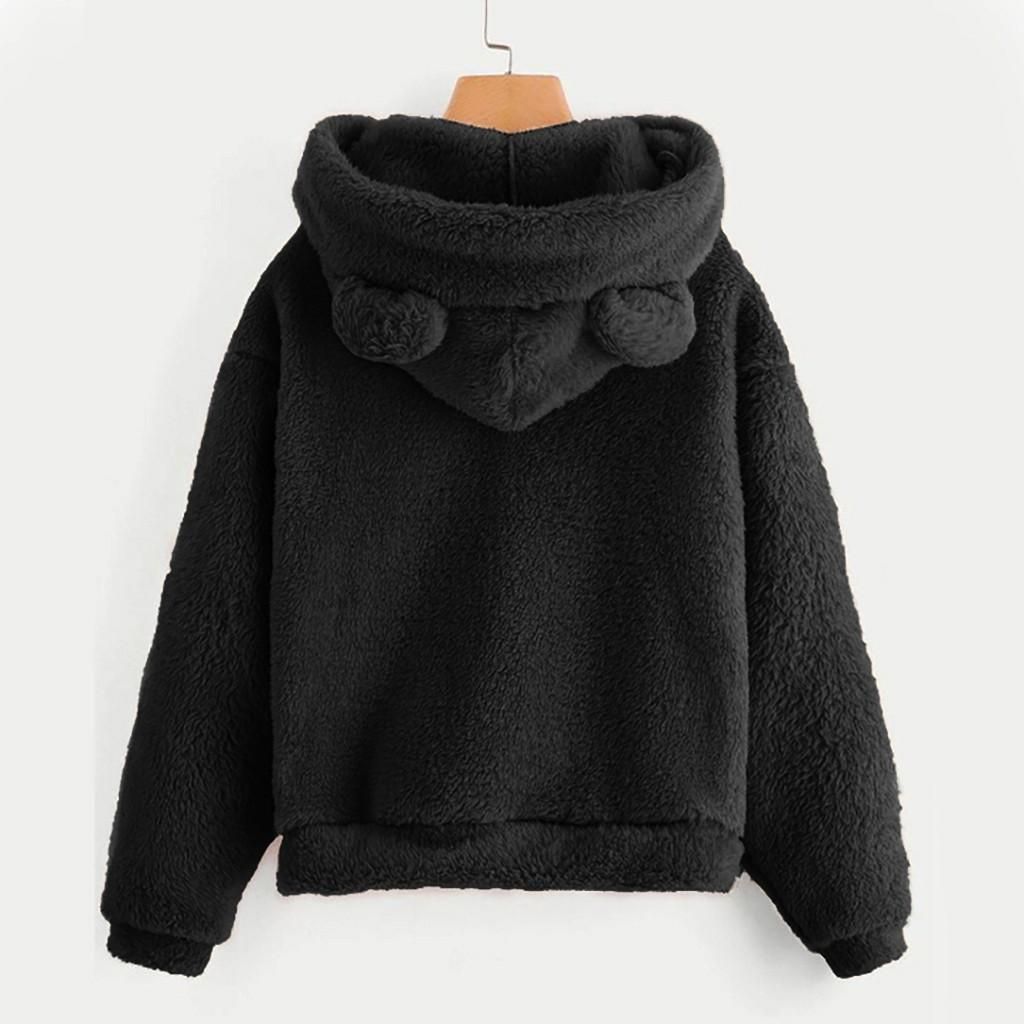 Women's Long Sleeve Fleece Sweatshirt Warm Bear Shape Fuzzy Hoodie Pul