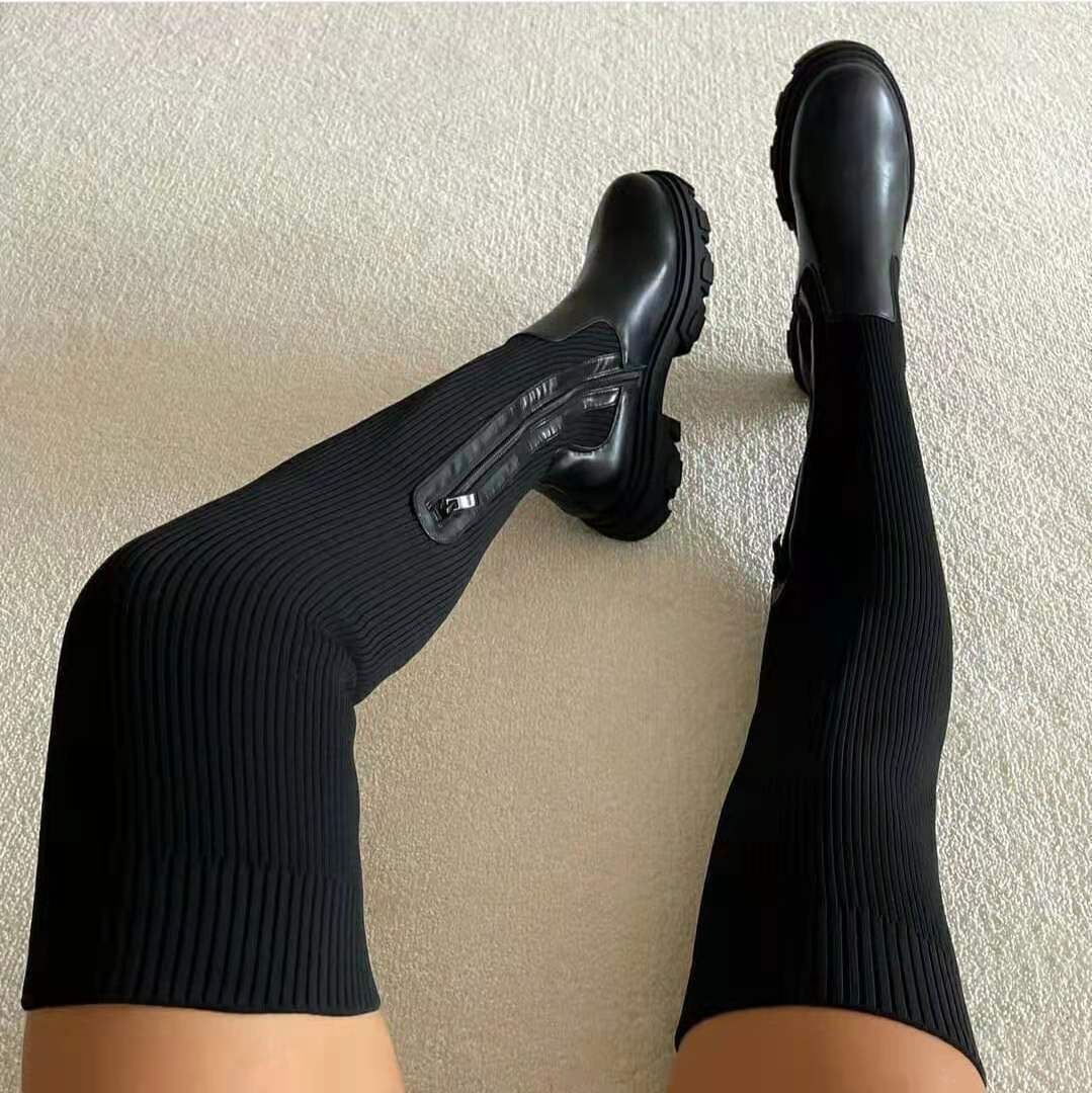 Women Thick Sole Boots Autumn Winter Breathable Knitting Sock Ladies Thigh High Boots Stretch Round Toe Shoes Plus Size 43(#Black)