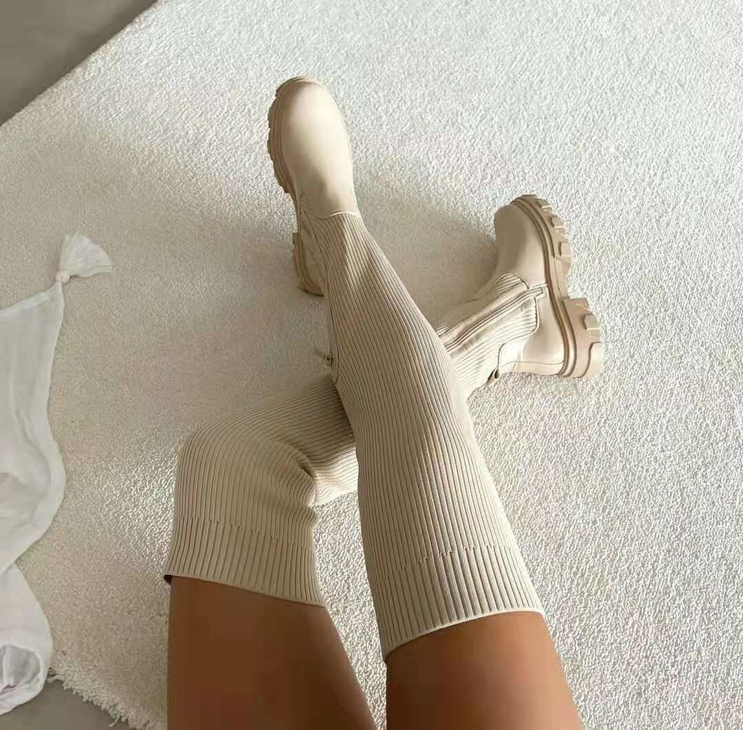 Women Thick Sole Boots Autumn Winter Breathable Knitting Sock Ladies Thigh High Boots Stretch Round Toe Shoes Plus Size 43(#Black)