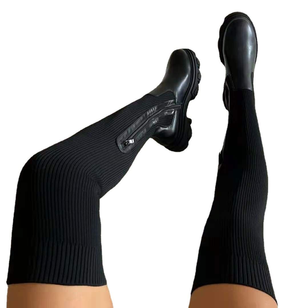 Women Thick Sole Boots Autumn Winter Breathable Knitting Sock Ladies Thigh High Boots Stretch Round Toe Shoes Plus Size 43(#Black)