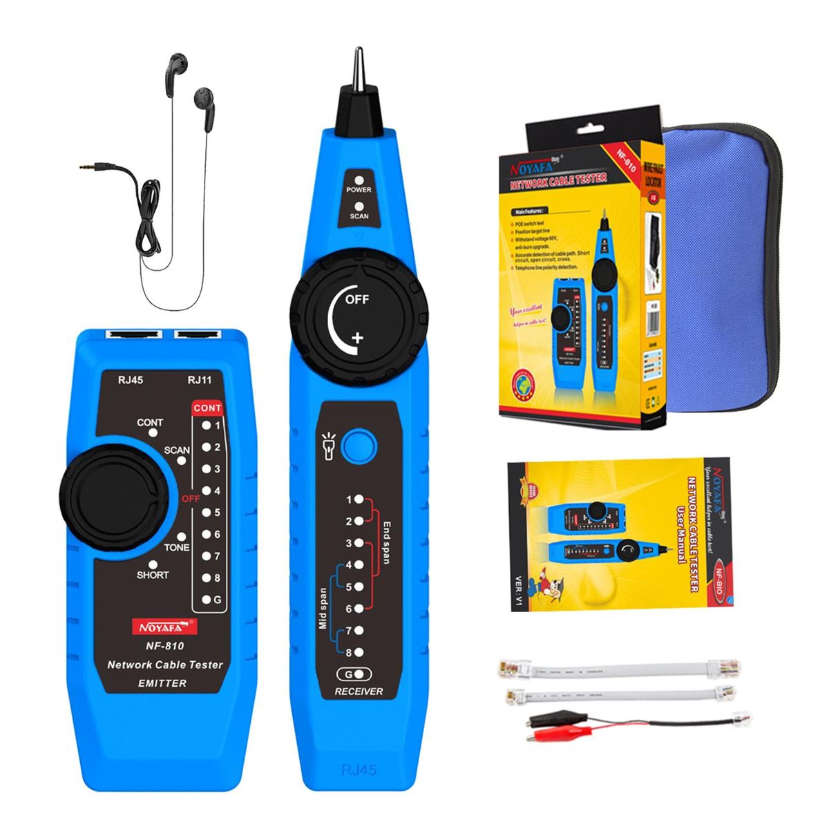 NOYAFA NF-810 Network Cable Tester Kit for RJ11 RJ45 CAT5 CAT6 LAN Cable Multi Function Wire Tracker Wiremap PoE TEL Testing Line Finder with LED Light Earphone Tool Bag