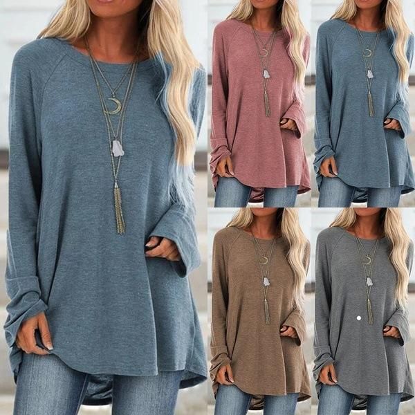 OHF18wish autumn 2019 hot selling solid color casual large size round neck loose long-sleeved pullover T-shirt mid-length blue XXXL