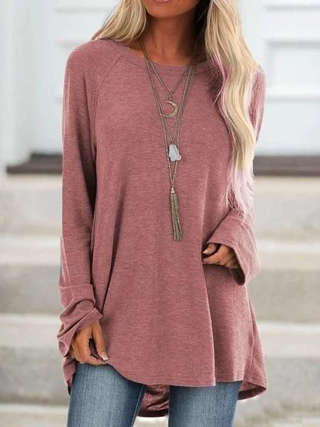 OHF18wish autumn 2019 hot selling solid color casual large size round neck loose long-sleeved pullover T-shirt mid-length blue XXXL