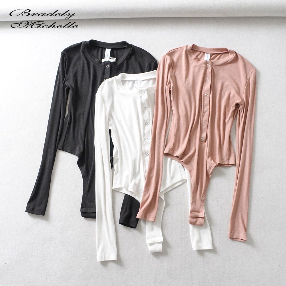 Sexy Long Sleeve Slim Knitted Bodysuits Women Club Outwear Jumpsuits For Women Ladies Cotton Tops(#Black)