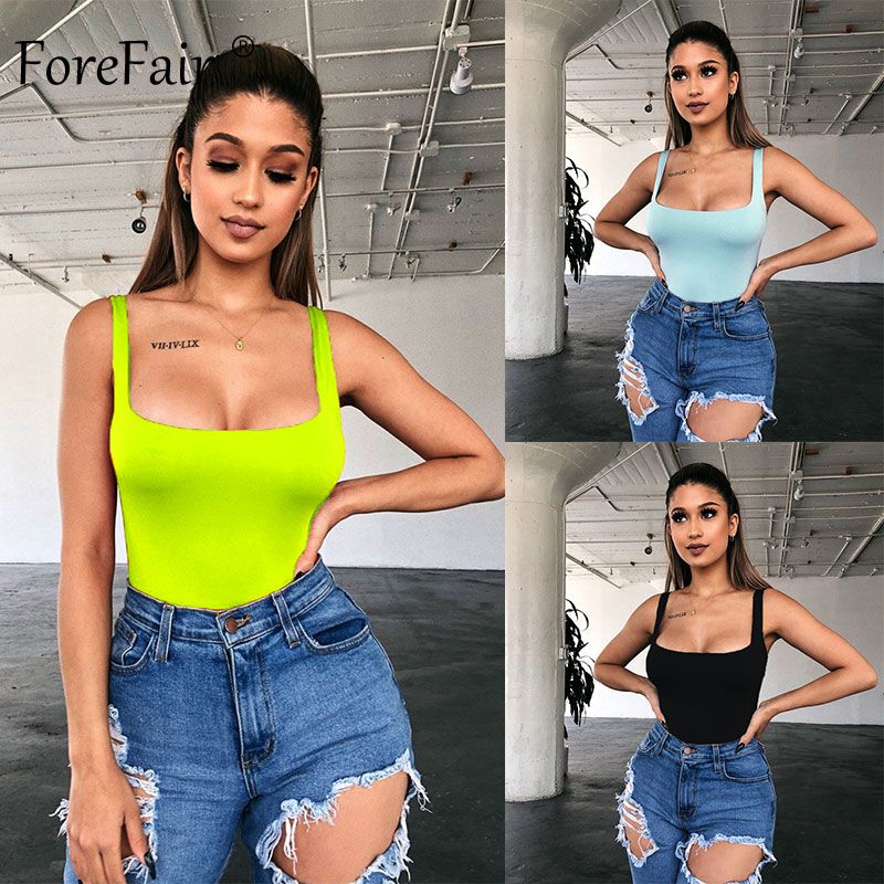 Neon Summer Body Top Summer Square Neck Basic Sleeveless Rompers Womens Jumpsuit Sexy Bodycon Bodysuit Women(#Yellow Bodysuit)