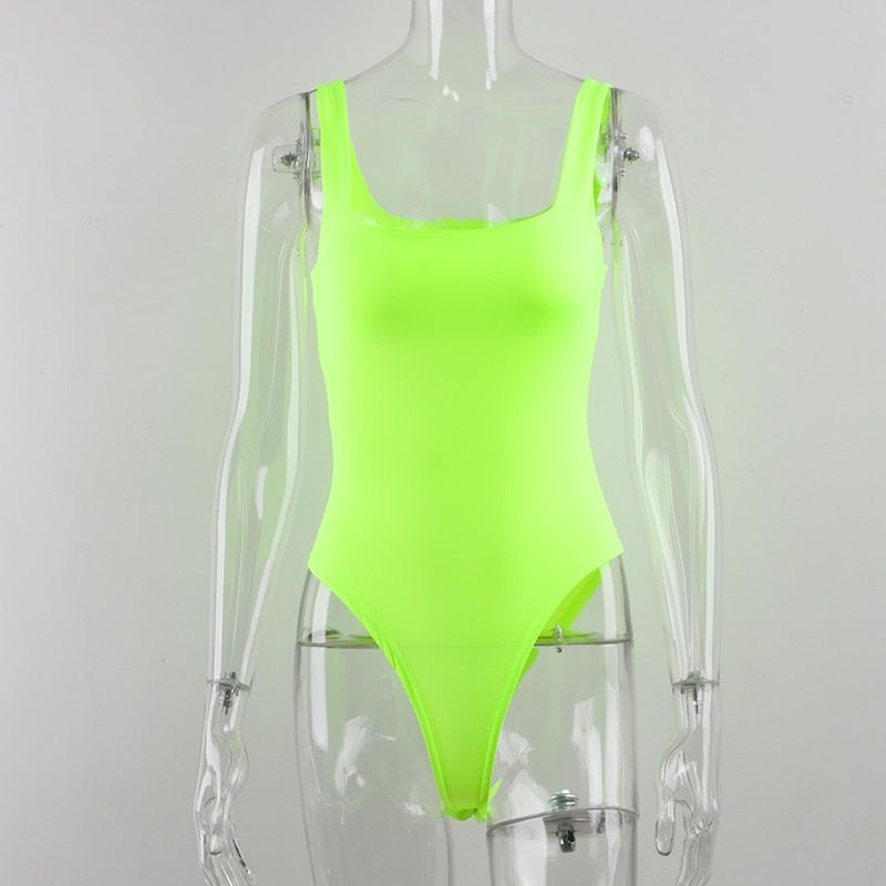 Neon Summer Body Top Summer Square Neck Basic Sleeveless Rompers Womens Jumpsuit Sexy Bodycon Bodysuit Women(#Yellow Bodysuit)
