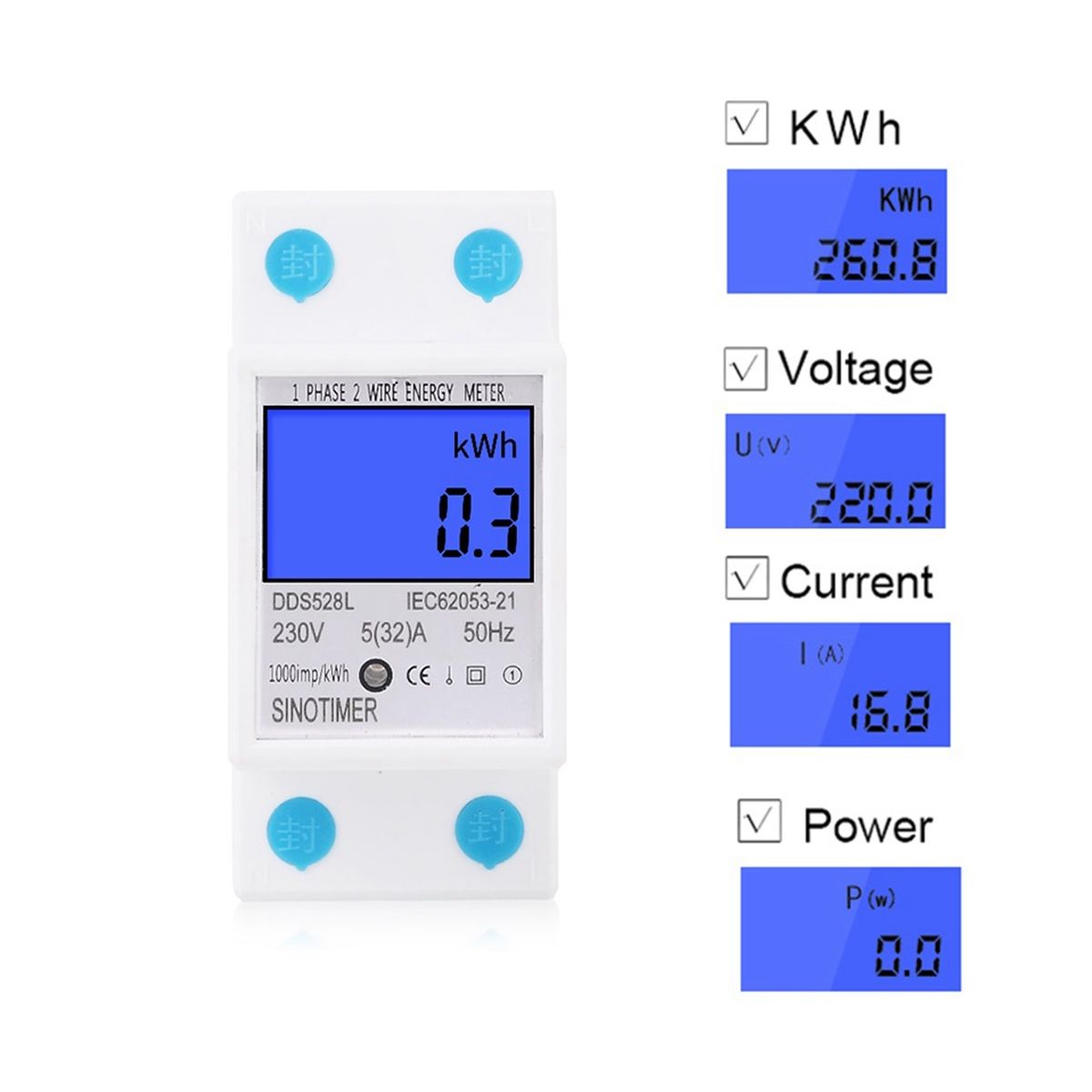 Backlit Single Phase Two Wire Lcd Digital Display Wattmeter Power Consumption Energy Meter Kwh Ac 230V 50Hz Din Rail
