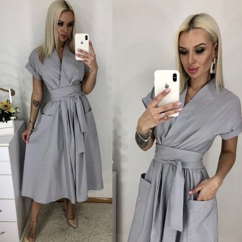 Office Lady Women Casual Sashes A-Line Dress Ladies Short Sleeve V-Neck Summer Dress 2021 Fashion Midi Party Dress Vestidos