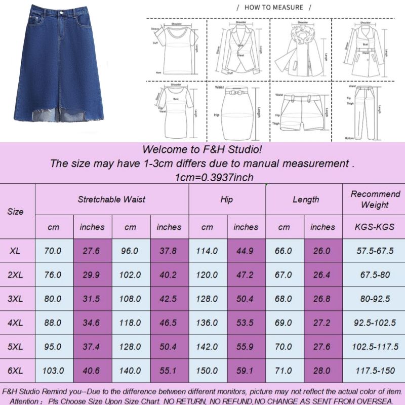 F&H 3667 XL-6XL Split Hem A Line Plus Size Denim Skirt Blue