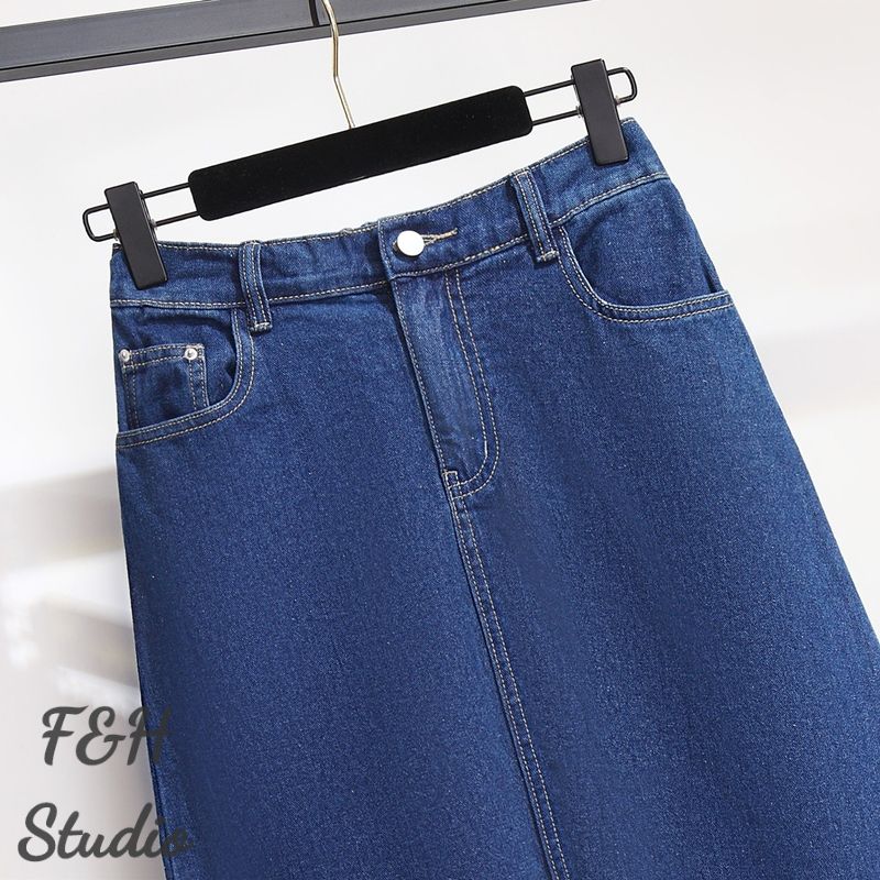 F&H 3667 XL-6XL Split Hem A Line Plus Size Denim Skirt Blue