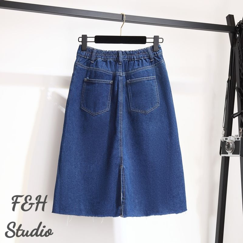 F&H 3667 XL-6XL Split Hem A Line Plus Size Denim Skirt Blue