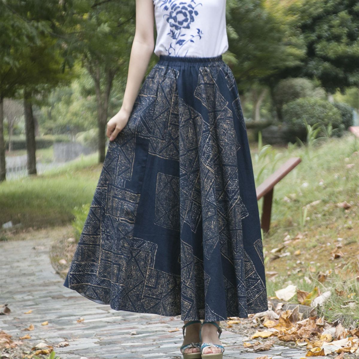 Women Boho Floral Vintage Long Skirt Plus-90cm