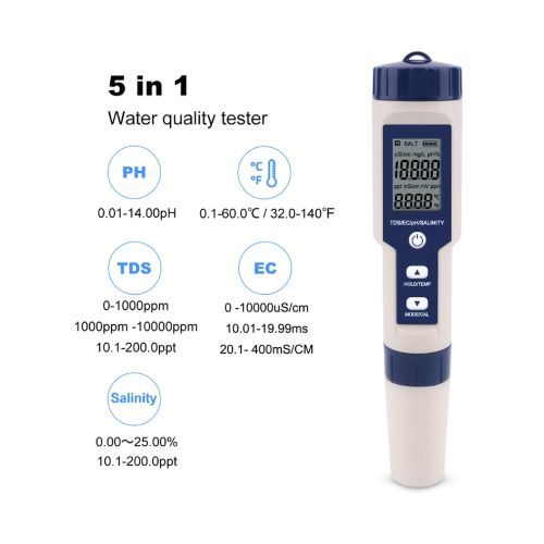 Professional Digital Water Tester 5 In 1 PH/TDS/EC/Salinity/Temperatu