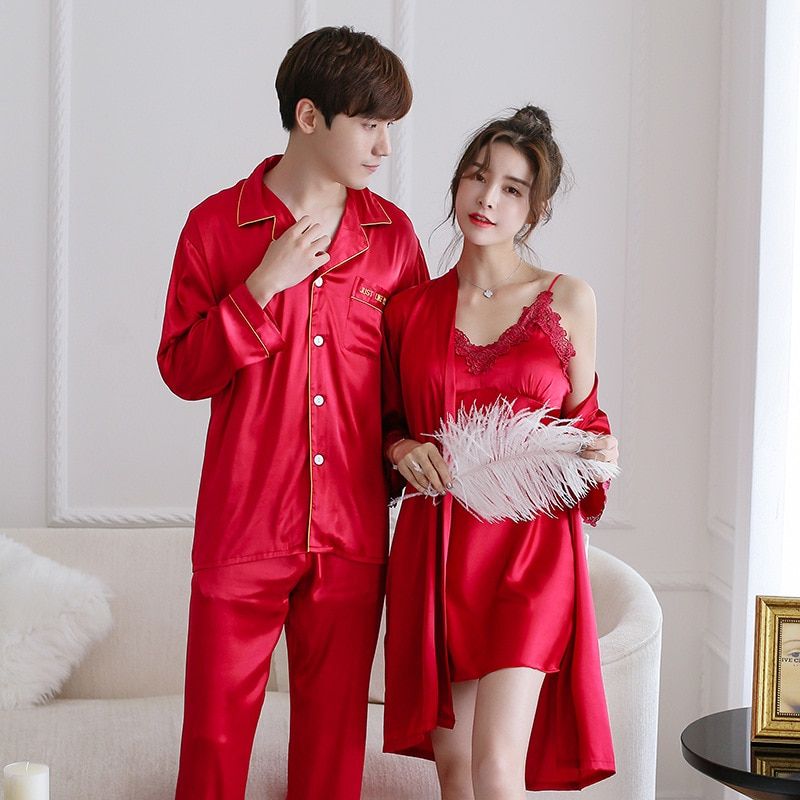 FZSLCYIYI Summer New Satin Lovers Pajamas Set Nightwear 2 Pcs Shirt&pant Couple Home Wear Casual Sleepwear M-3XL（#Burgundy  1）