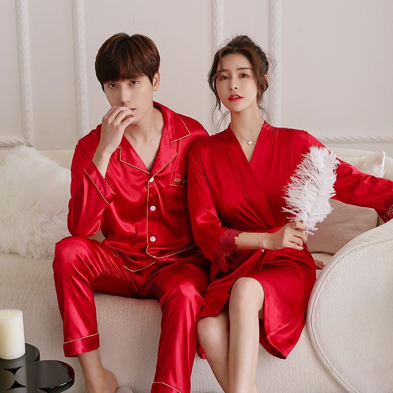 FZSLCYIYI Summer New Satin Lovers Pajamas Set Nightwear 2 Pcs Shirt&pant Couple Home Wear Casual Sleepwear M-3XL（#Burgundy  1）