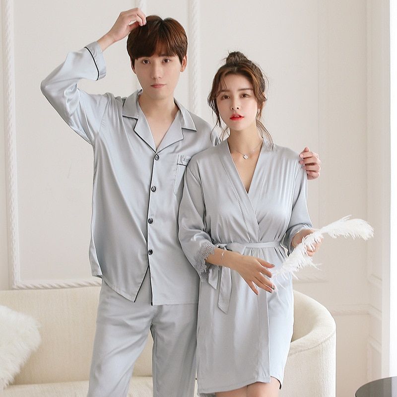 FZSLCYIYI Summer New Satin Lovers Pajamas Set Nightwear 2 Pcs Shirt&pant Couple Home Wear Casual Sleepwear M-3XL（#Burgundy  1）