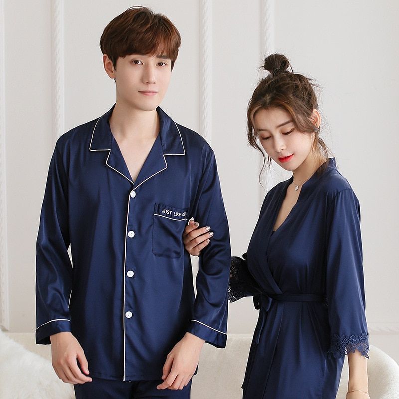 FZSLCYIYI Summer New Satin Lovers Pajamas Set Nightwear 2 Pcs Shirt&pant Couple Home Wear Casual Sleepwear M-3XL（#Burgundy  1）