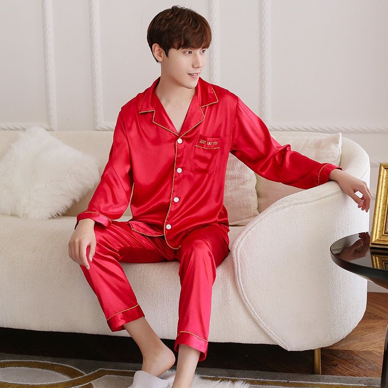 FZSLCYIYI Summer New Satin Lovers Pajamas Set Nightwear 2 Pcs Shirt&pant Couple Home Wear Casual Sleepwear M-3XL（#Burgundy  1）