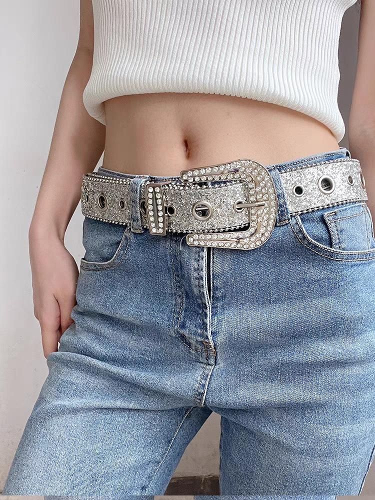 Rhinestone Belts Women PU Leather Strap for Western Cowboy Y2K Girls