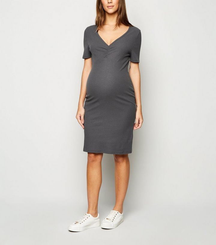 Dark Grey Ribbed Maternity Dress